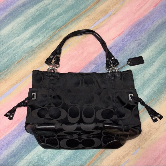  Coach Tote Bag Signature One Shoulder Canvas Leather Black - Picture 1 of 9